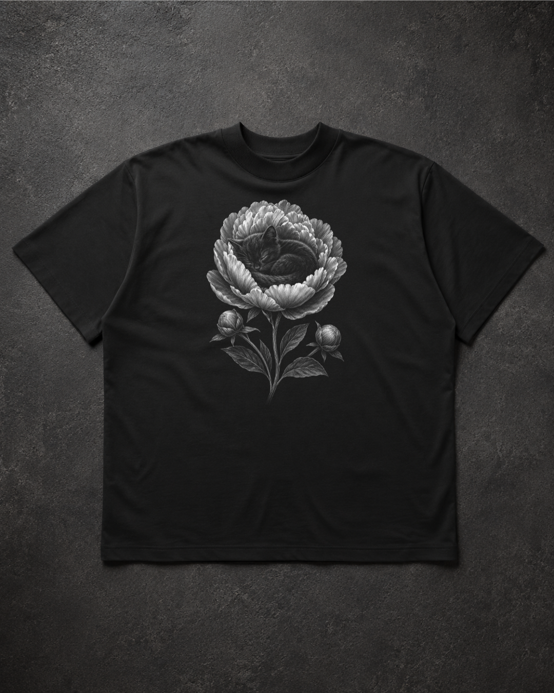 A black short-sleeve t-shirt with a detailed grayscale floral graphic on the front, laid flat against a dark textured background.