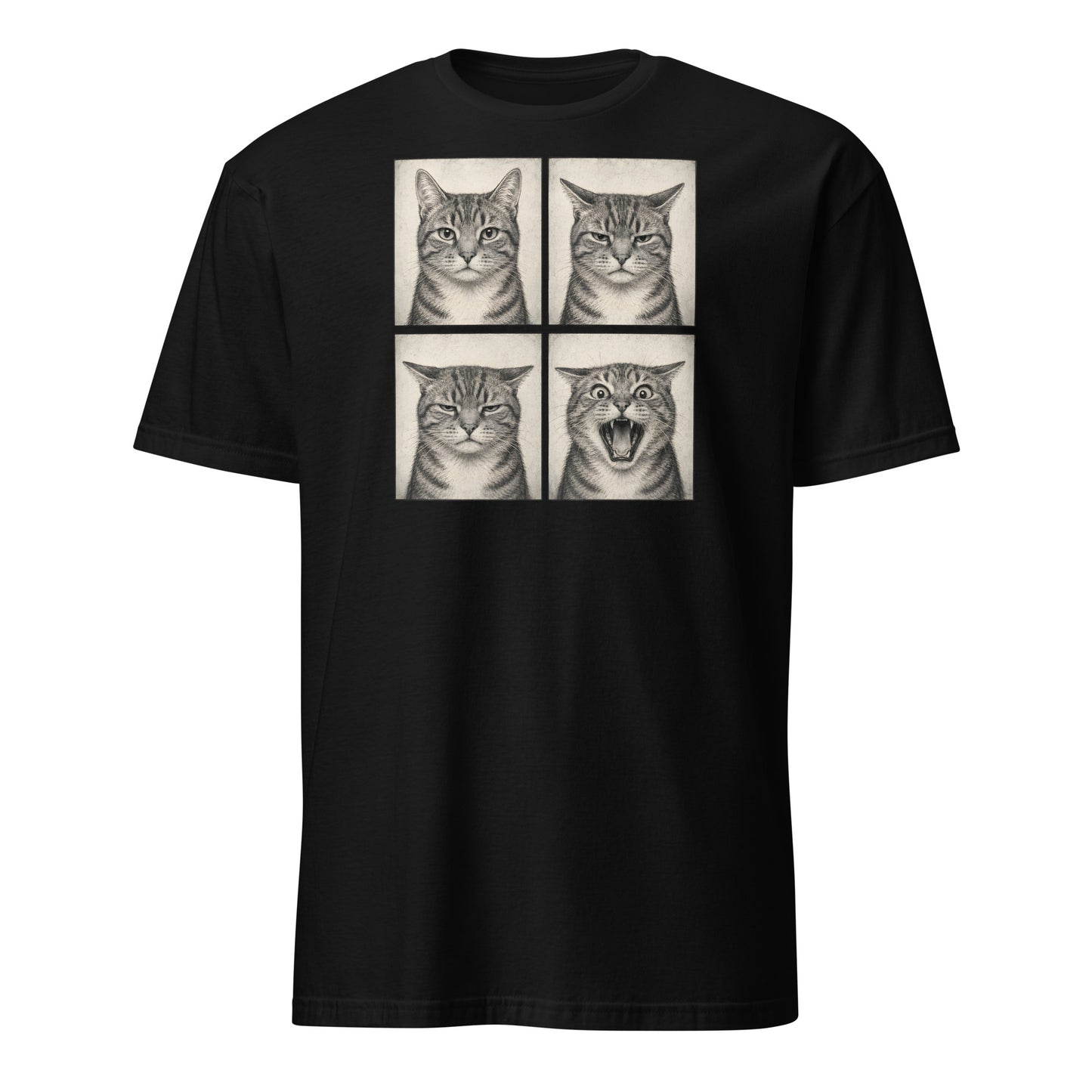 Black t-shirt with 4 illustrations of cats