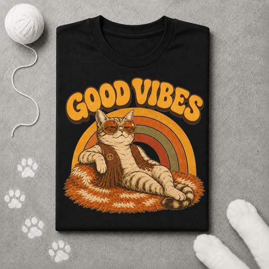 Black t-shirt with a cat graphic and 'Good Vibes' text on a gray background