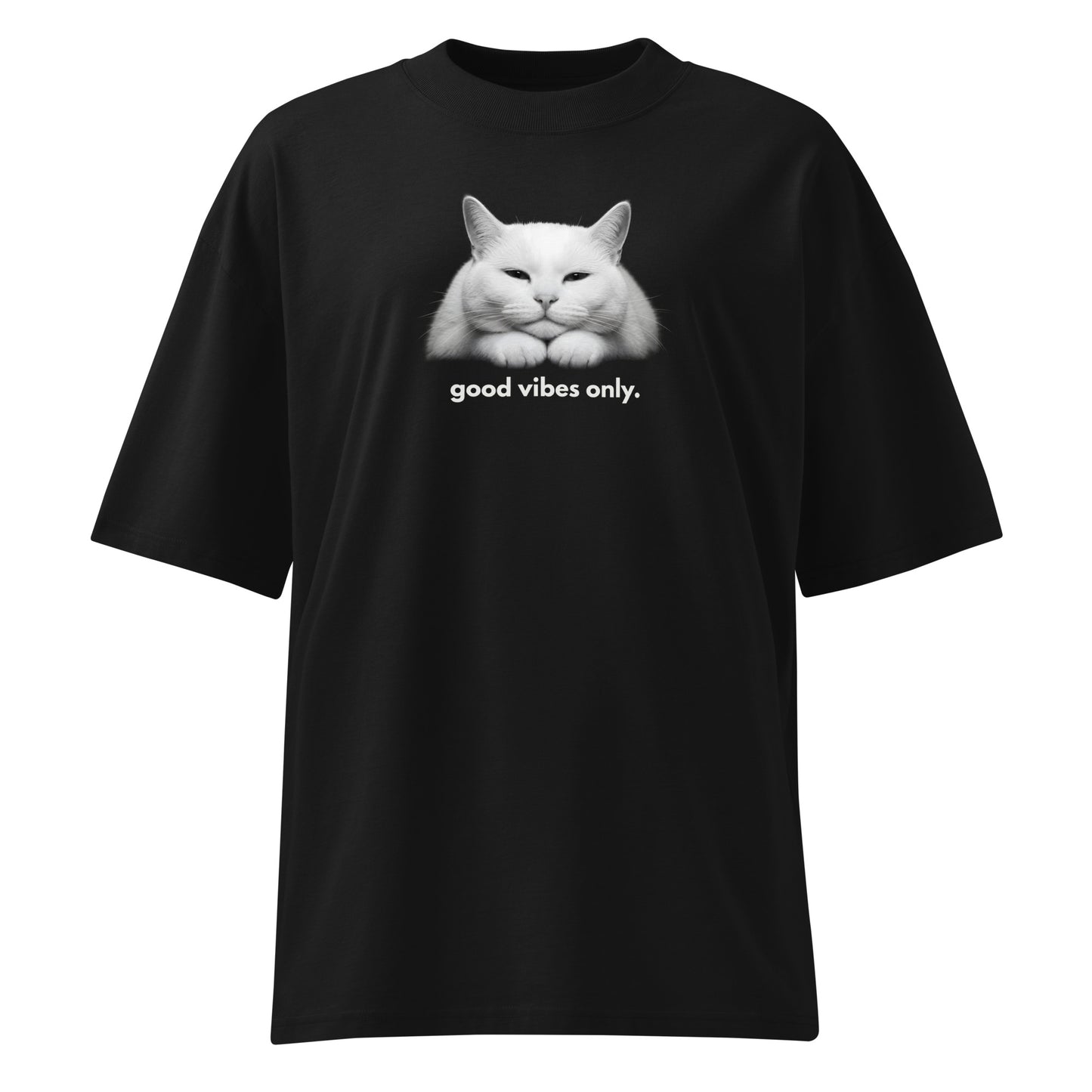 Black t-shirt with a white cat graphic and 'good vibes only' text on a white background