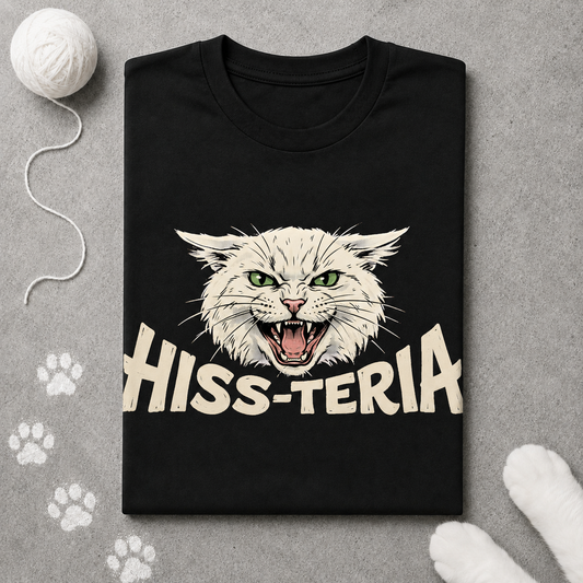 Black t-shirt with a graphic of a cat and 'HISS-TERIA' text on a gray surface with paw prints.