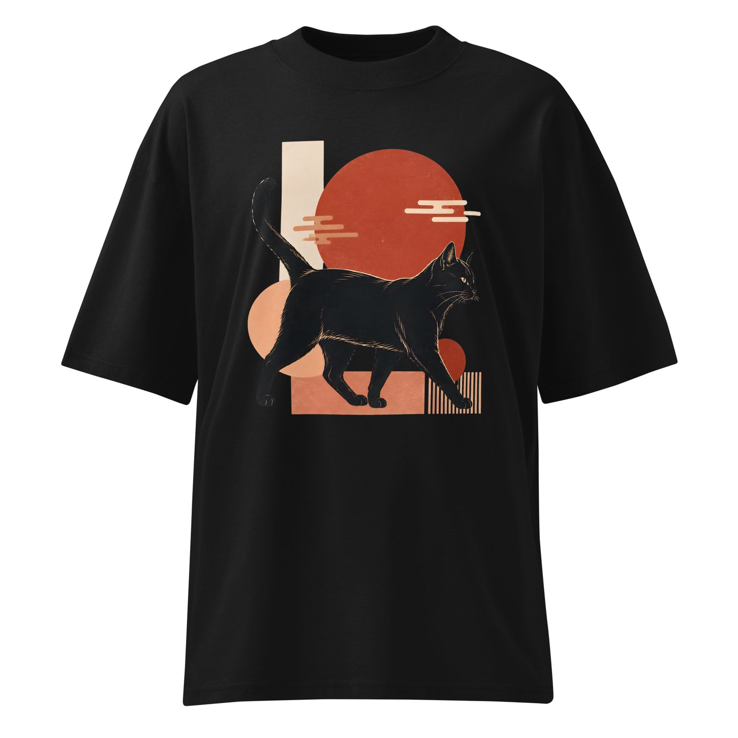 Black t-shirt with a graphic of a cat and abstract shapes on a white background