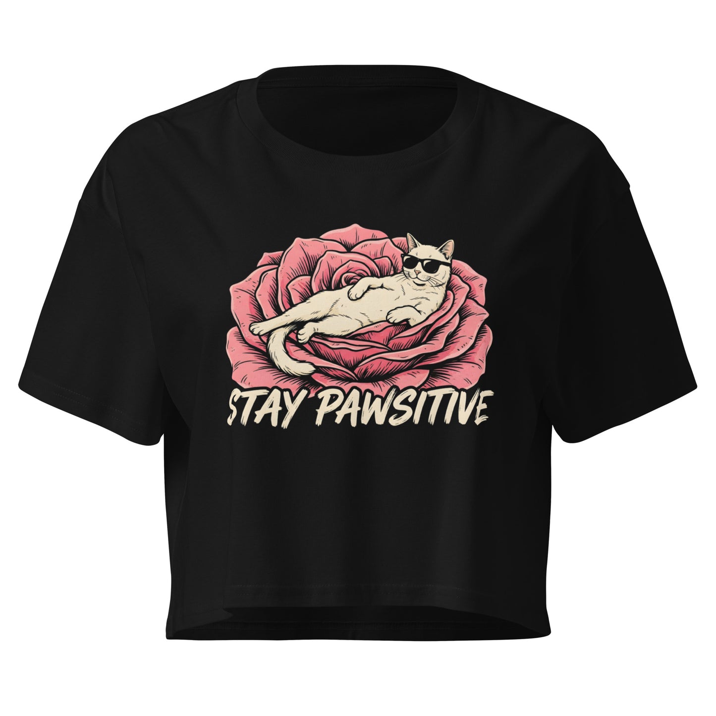 Black t-shirt with a cat graphic and 'Stay Pawsitive' text on a white background