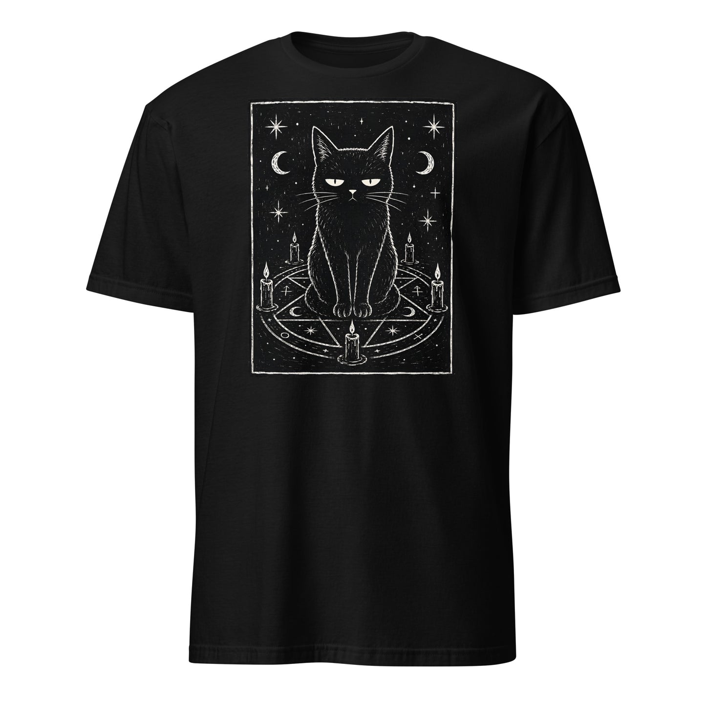 Black t-shirt with a small gold logo on a white background