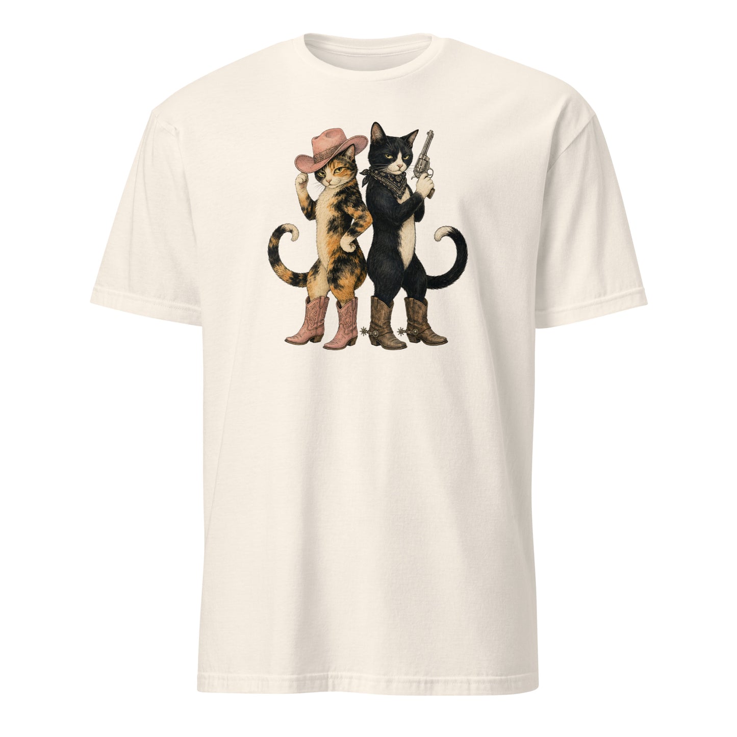 White t-shirt with a graphic of two cats in cowboy hats and boots holding guns on a white background