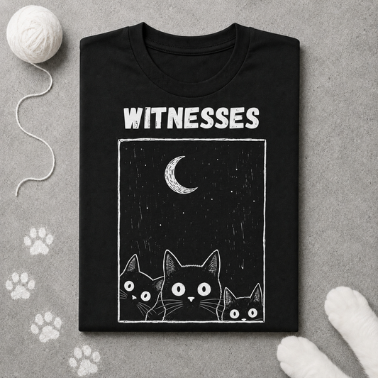 Black t-shirt with cat illustration and 'WITNESSES' text on a gray surface with paw prints.