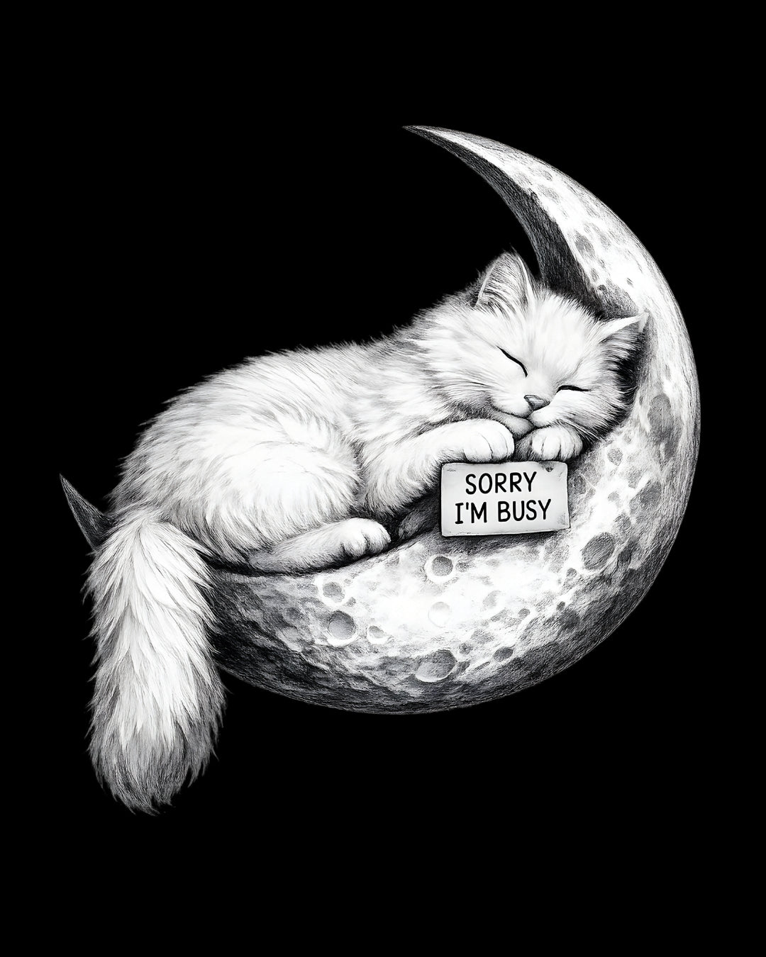 Cat sleeping on a moon with a 'Sorry I'm Busy' sign, black background