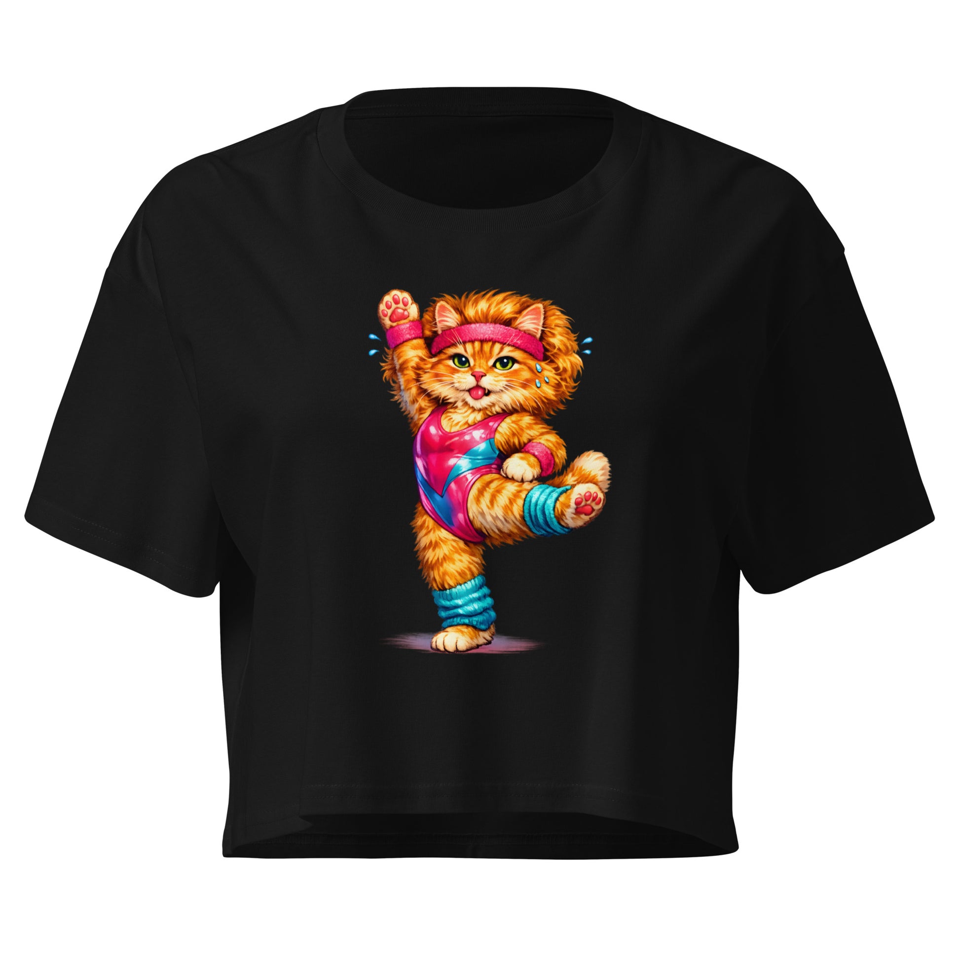 Black t-shirt with a colorful cat graphic on a white background