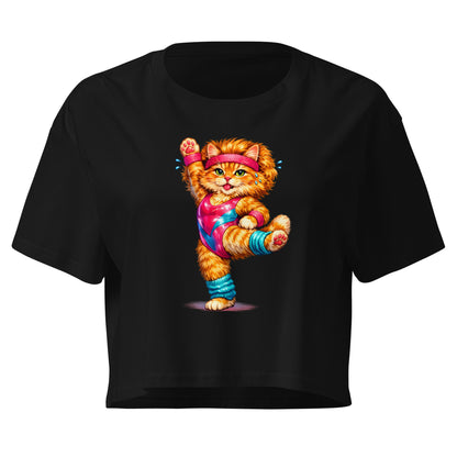 Black t-shirt with a colorful cat graphic on a white background