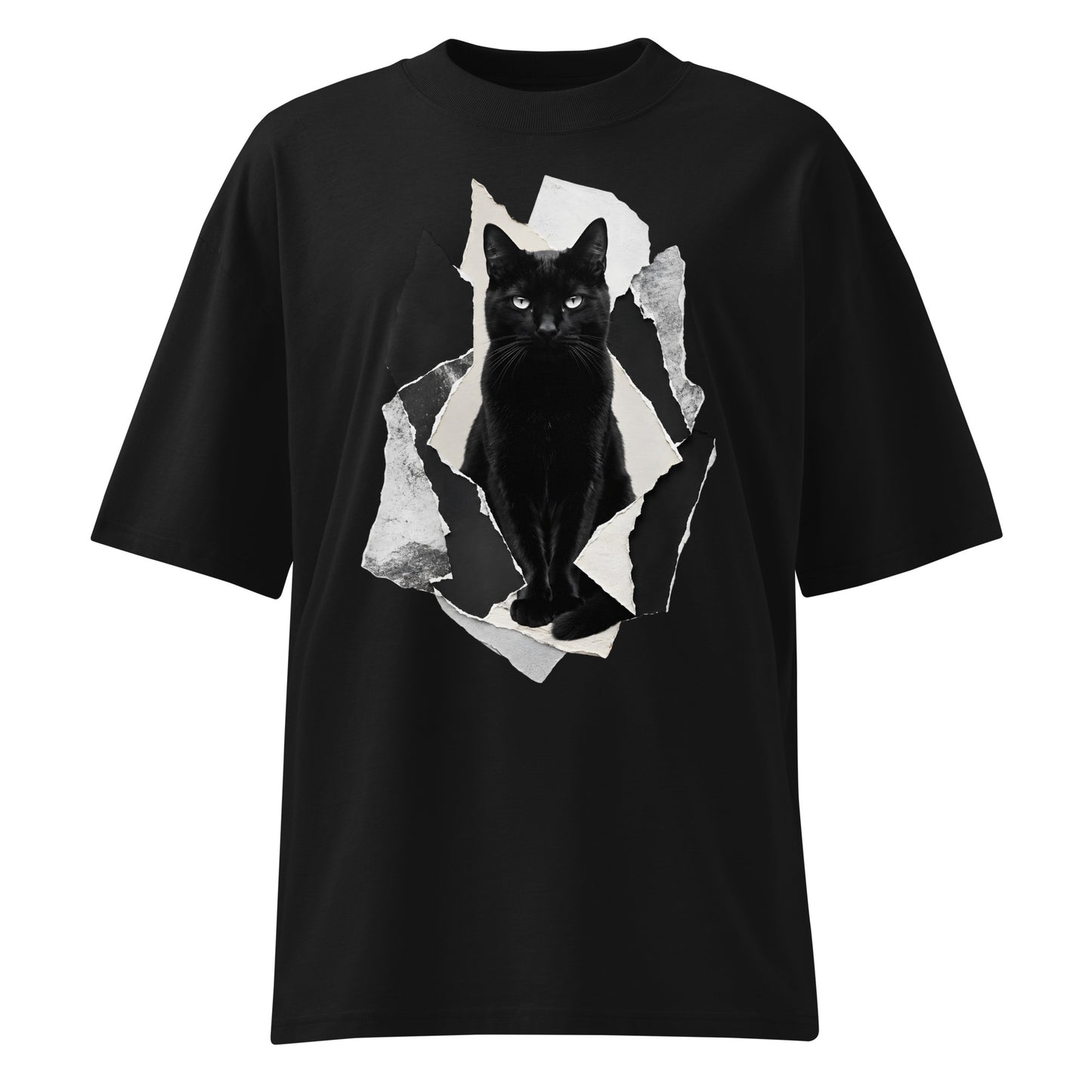 Black t-shirt with a graphic of a black cat on a white background