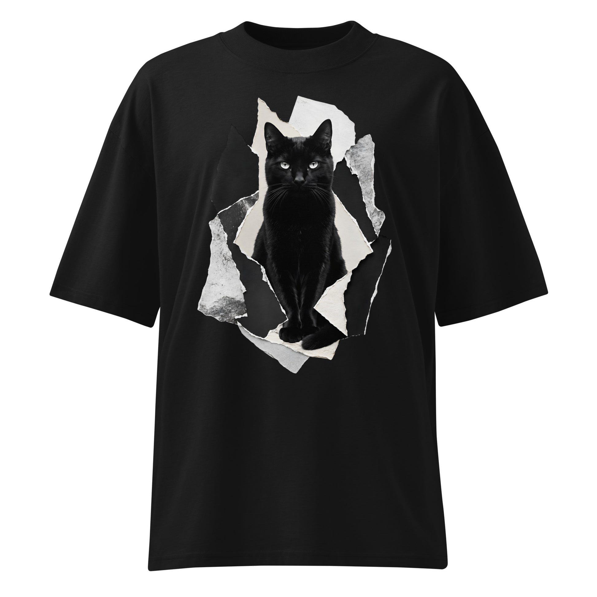 Black t-shirt with a graphic of a black cat on a white background