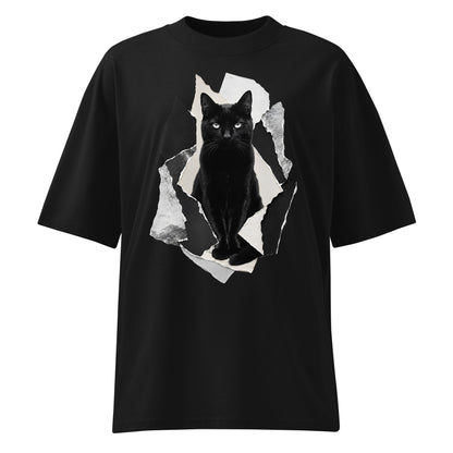Black t-shirt with a graphic of a black cat on a white background