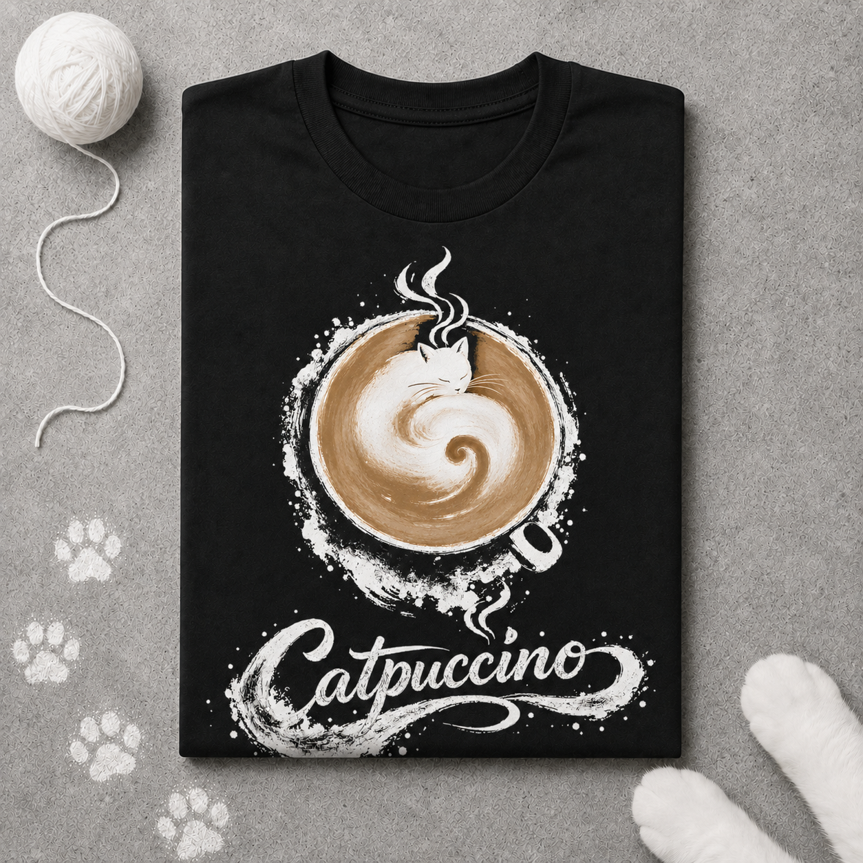 Black t-shirt with 'Catpuccino' design featuring a cat in a cappuccino cup on a gray surface.