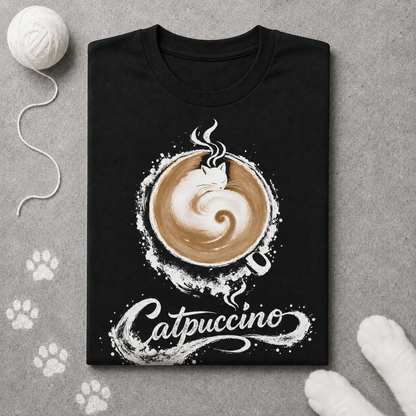 Black t-shirt with 'Catpuccino' design featuring a cat in a cappuccino cup on a gray surface.
