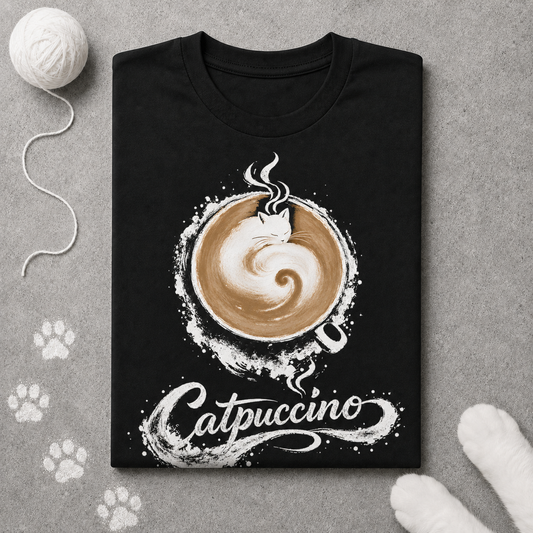 Black t-shirt with 'Catpuccino' design featuring a cat in a cappuccino cup on a gray surface.