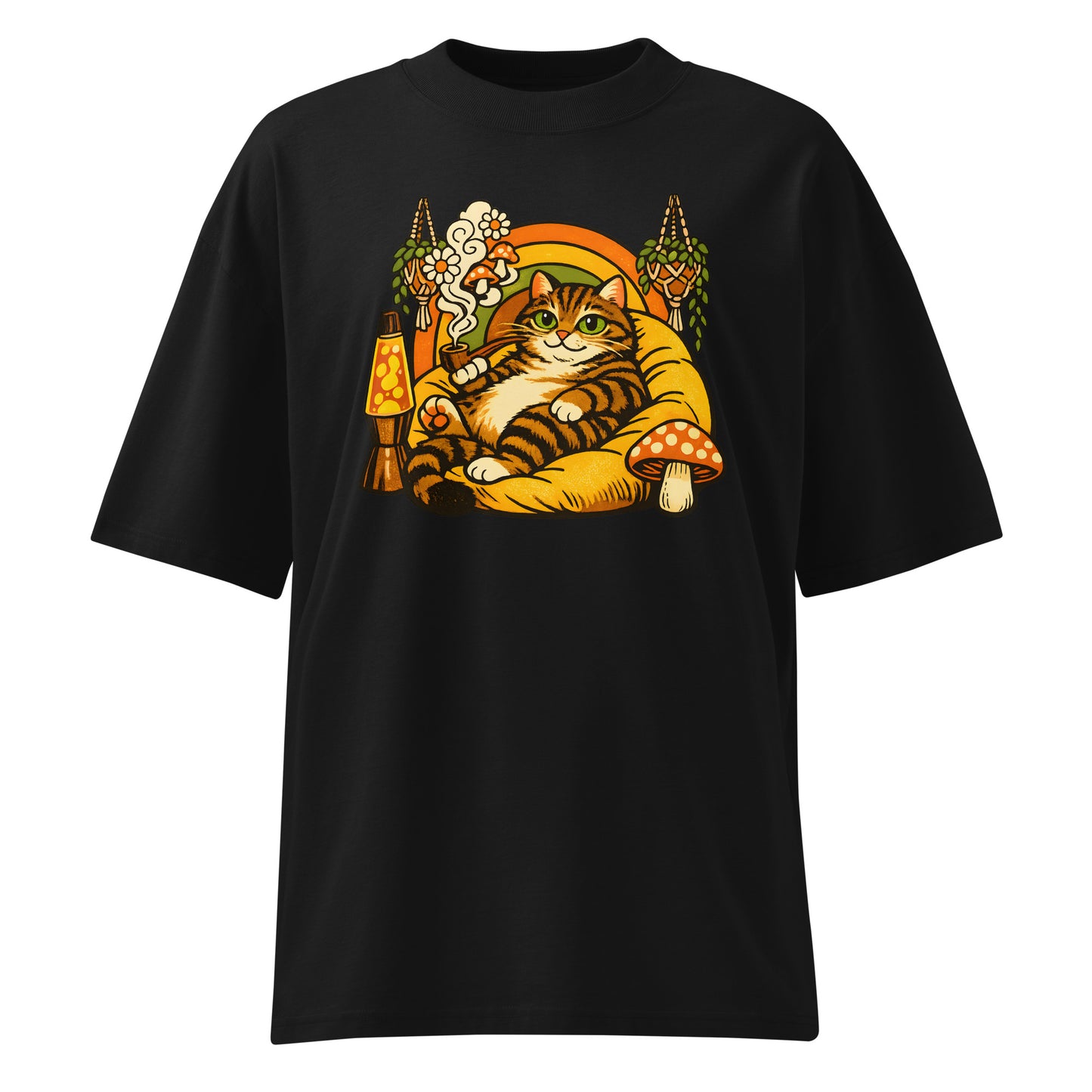 Black t-shirt with a colorful cat graphic on a white background