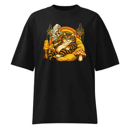 Black t-shirt with a colorful cat graphic on a white background