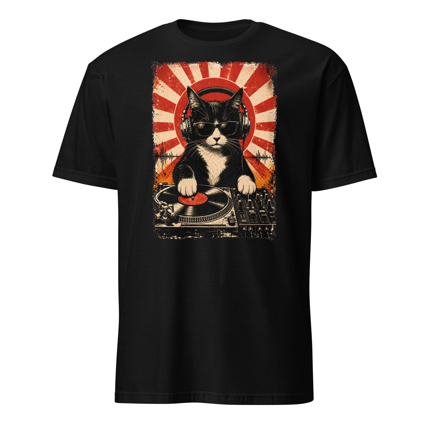Black t-shirt with a graphic of a cat DJ on a red and orange background