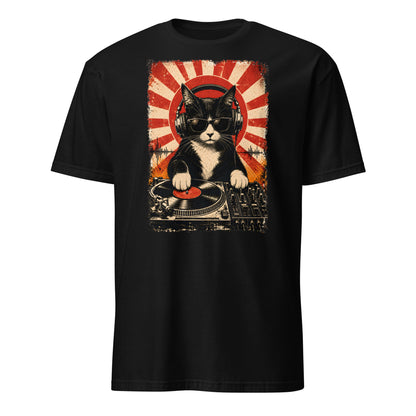 Black t-shirt with a graphic of a cat DJ on a red and orange background
