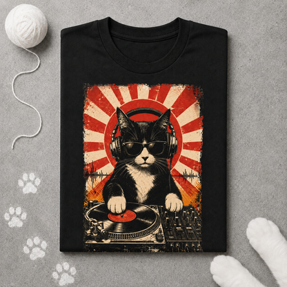 Black t-shirt with a cat DJ design on a gray background
