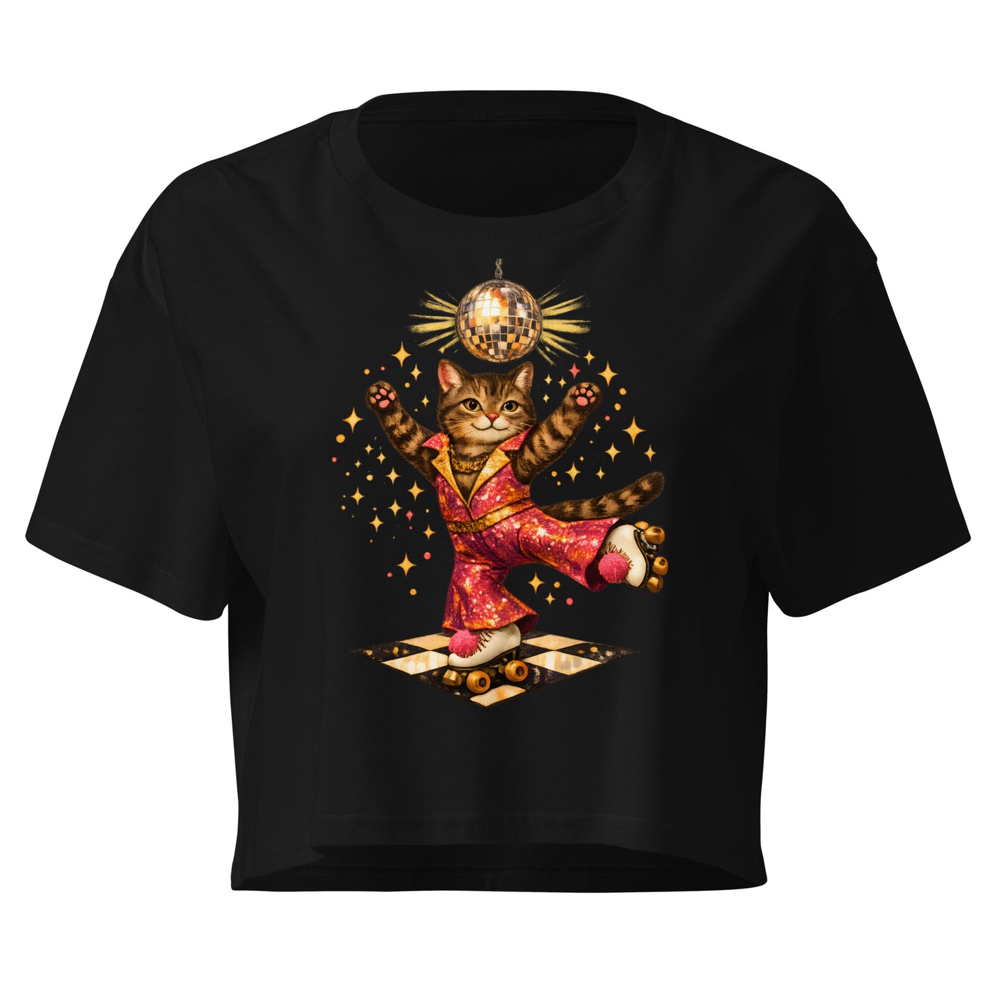 Black t-shirt with a cat in a red outfit and disco ball design on a white background