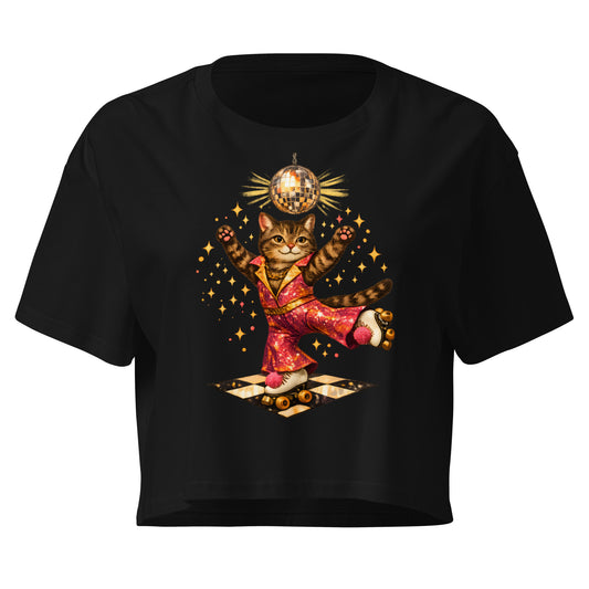 Black t-shirt with a cat in a red outfit and disco ball design on a white background