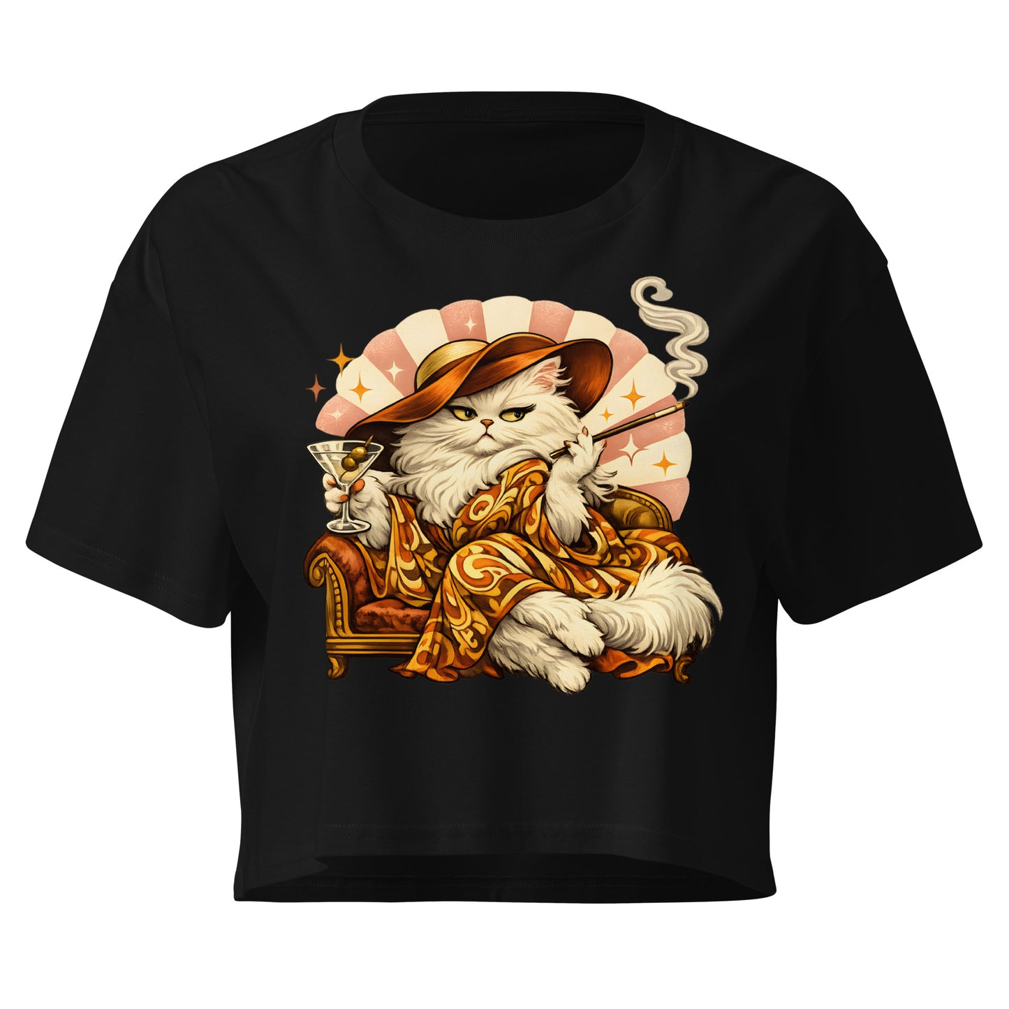 Black t-shirt with a cat graphic holding a martini and smoking a cigar on a white background