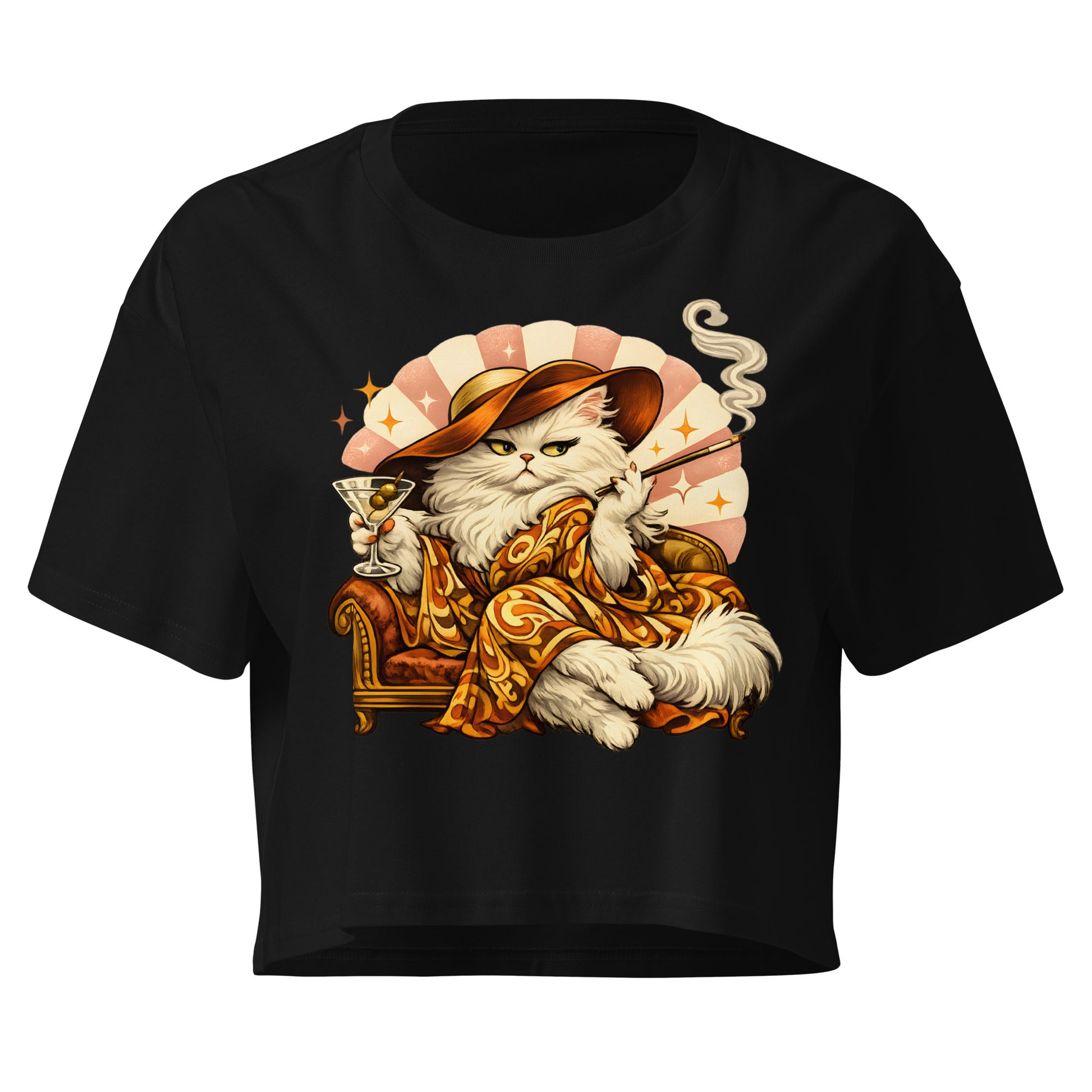Black t-shirt with a cat graphic holding a martini and smoking a cigar on a white background