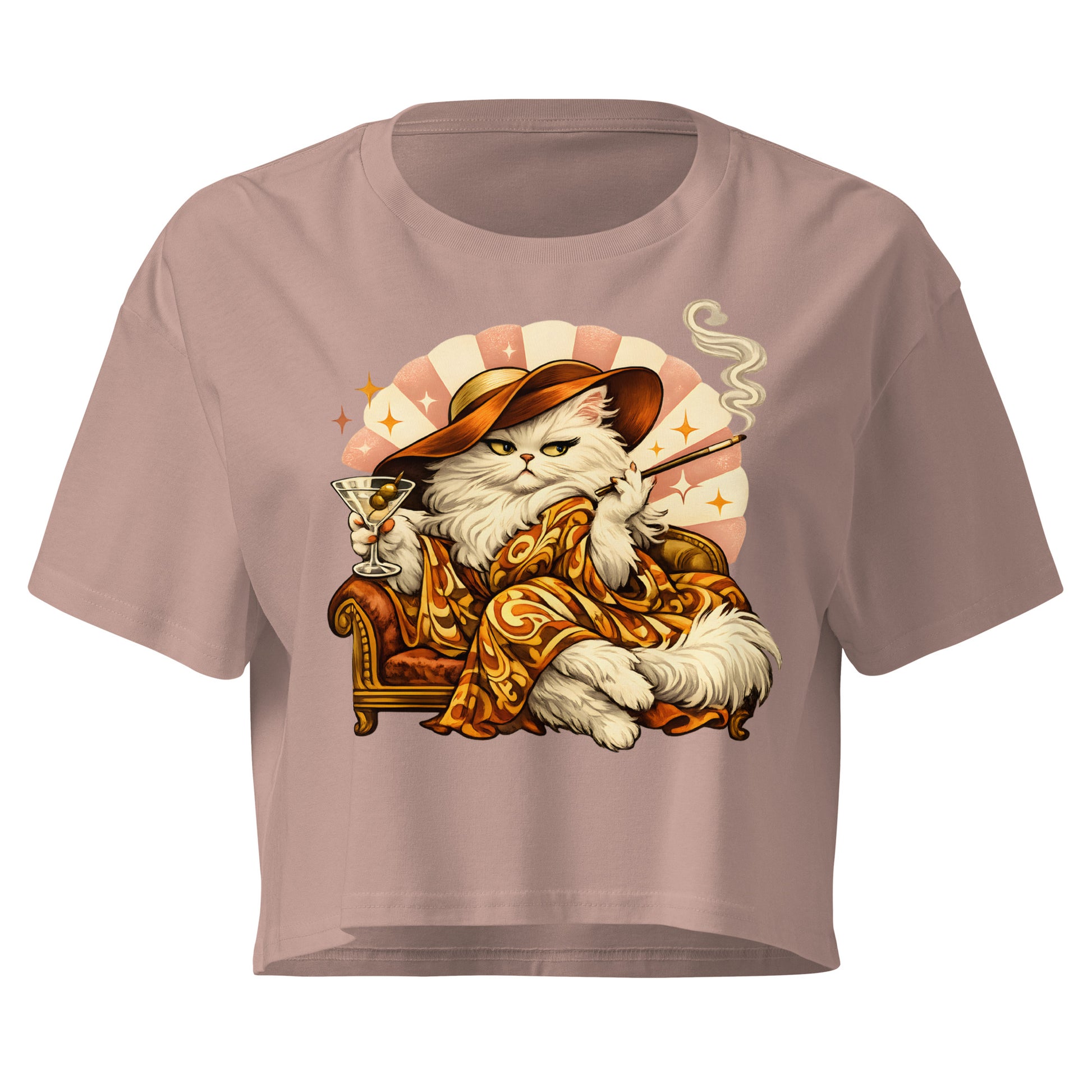 T-shirt with a cat in a hat and robe holding a cigarette and glass design on a white background