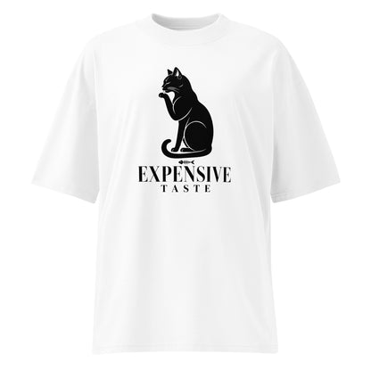 White t-shirt with a black cat graphic and 'Expensive Taste' text on a white background