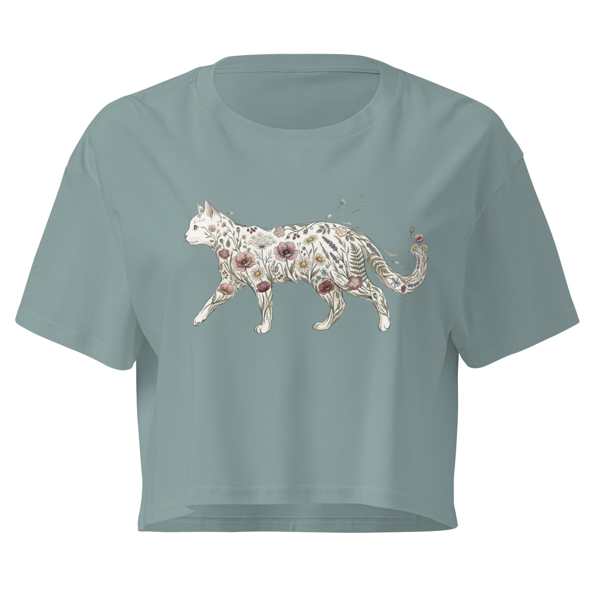Light blue t-shirt with a cat design on a white background
