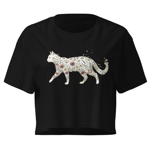 Black t-shirt with a floral cat design on a white background