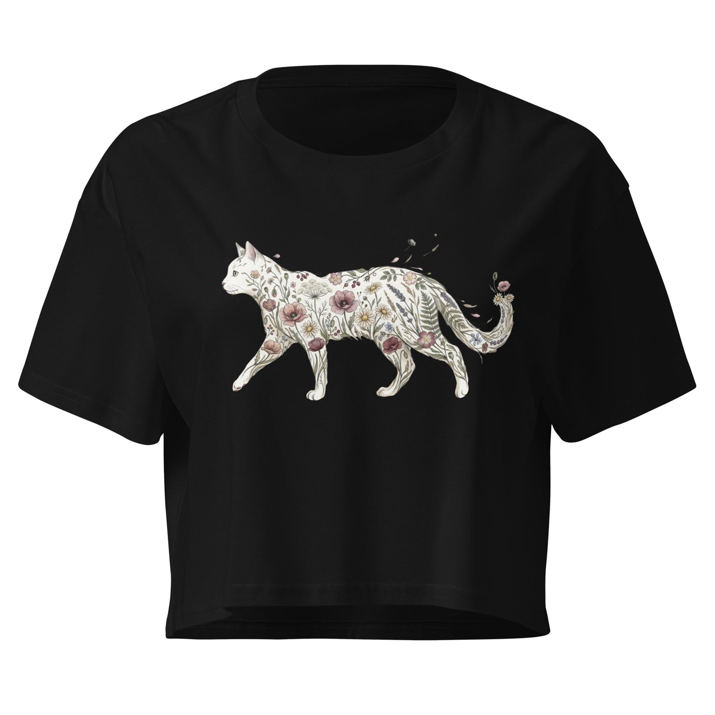 Black t-shirt with a floral cat design on a white background