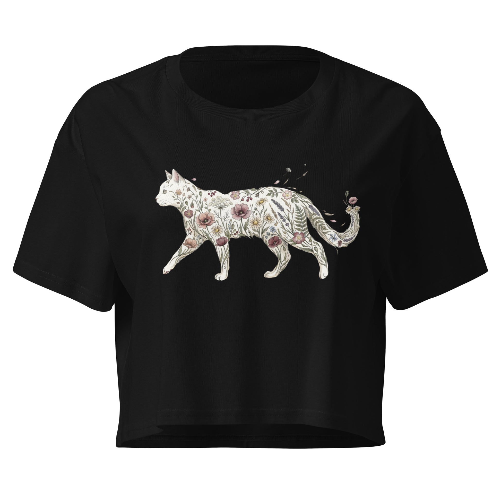 Black t-shirt with a floral cat design on a white background