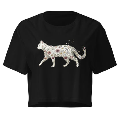 Black t-shirt with a floral cat design on a white background