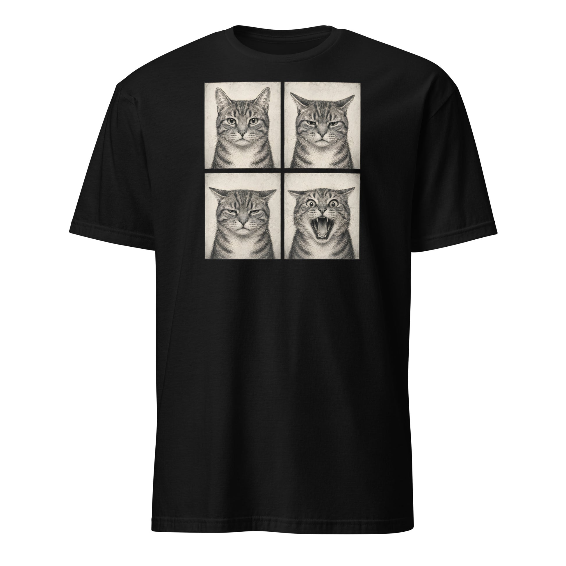 Black t-shirt with 4 illustrations of cats