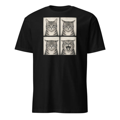 Black t-shirt with 4 illustrations of cats
