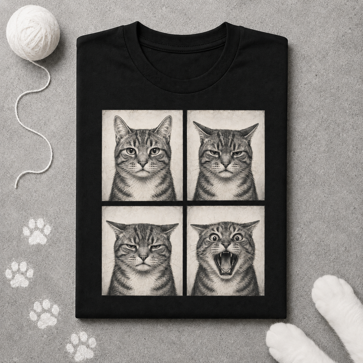 Black t-shirt with four illustrations of a cat's face on a gray background with paw prints.