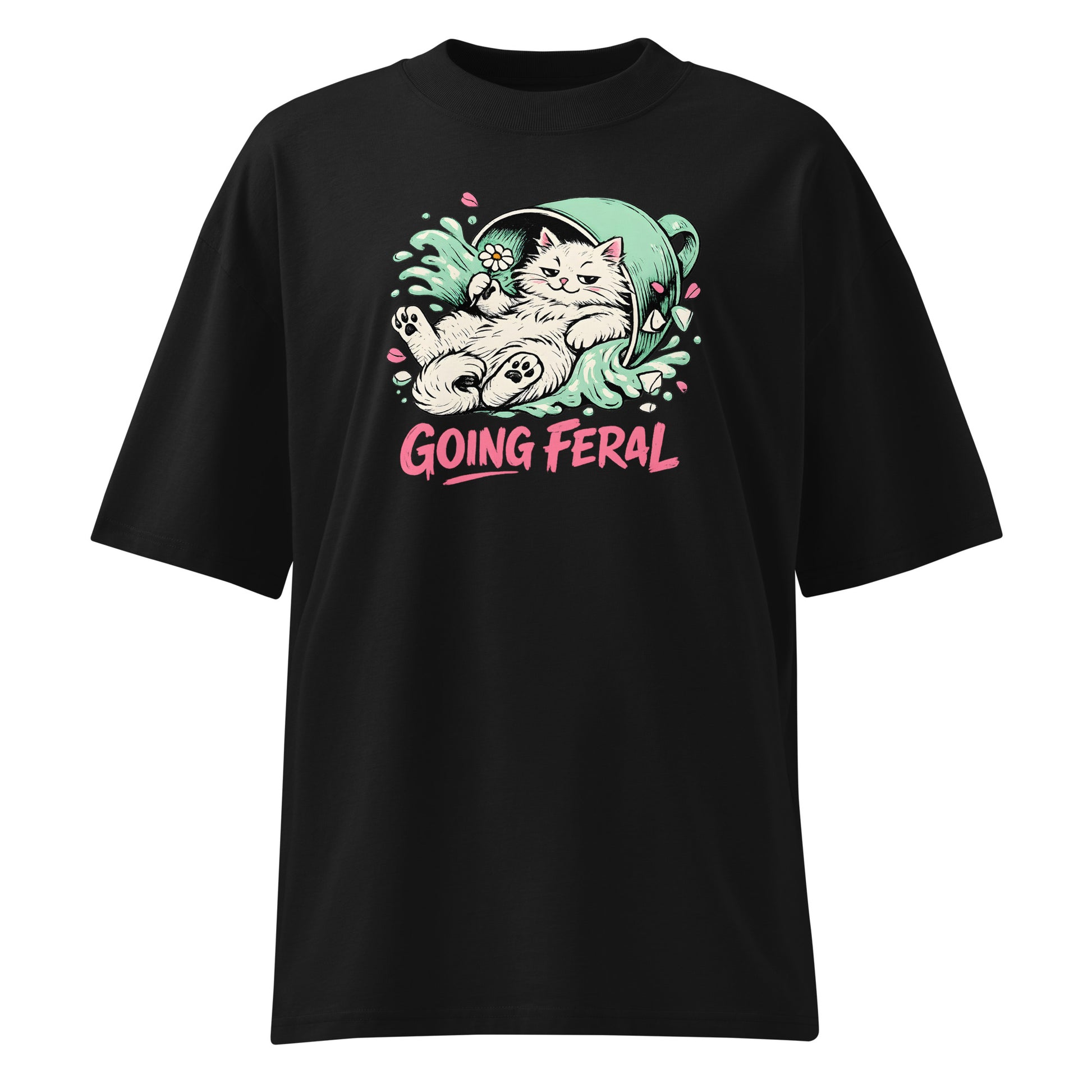 Black t-shirt with a cat graphic and 'Going Feral' text on a white background