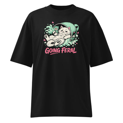 Black t-shirt with a cat graphic and 'Going Feral' text on a white background