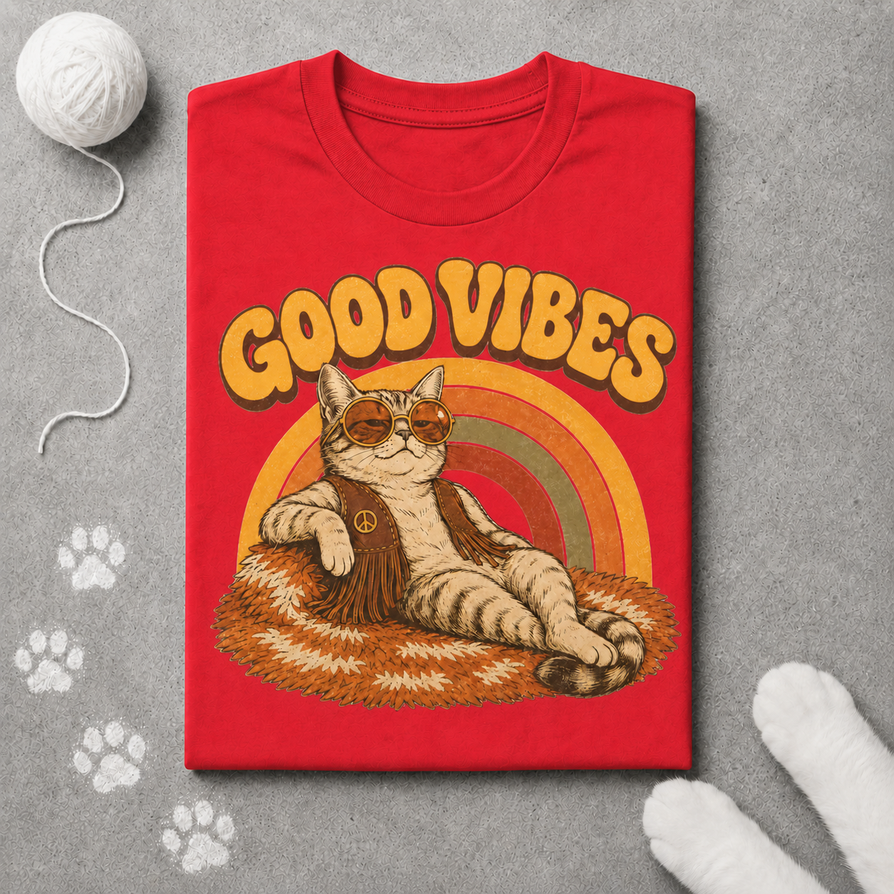 Red t-shirt with a cat graphic and 'Good Vibes' text on a gray surface.
