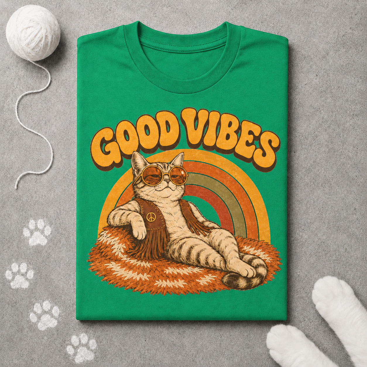 Green t-shirt with a cat graphic and 'Good Vibes' text on a gray surface with paw prints.