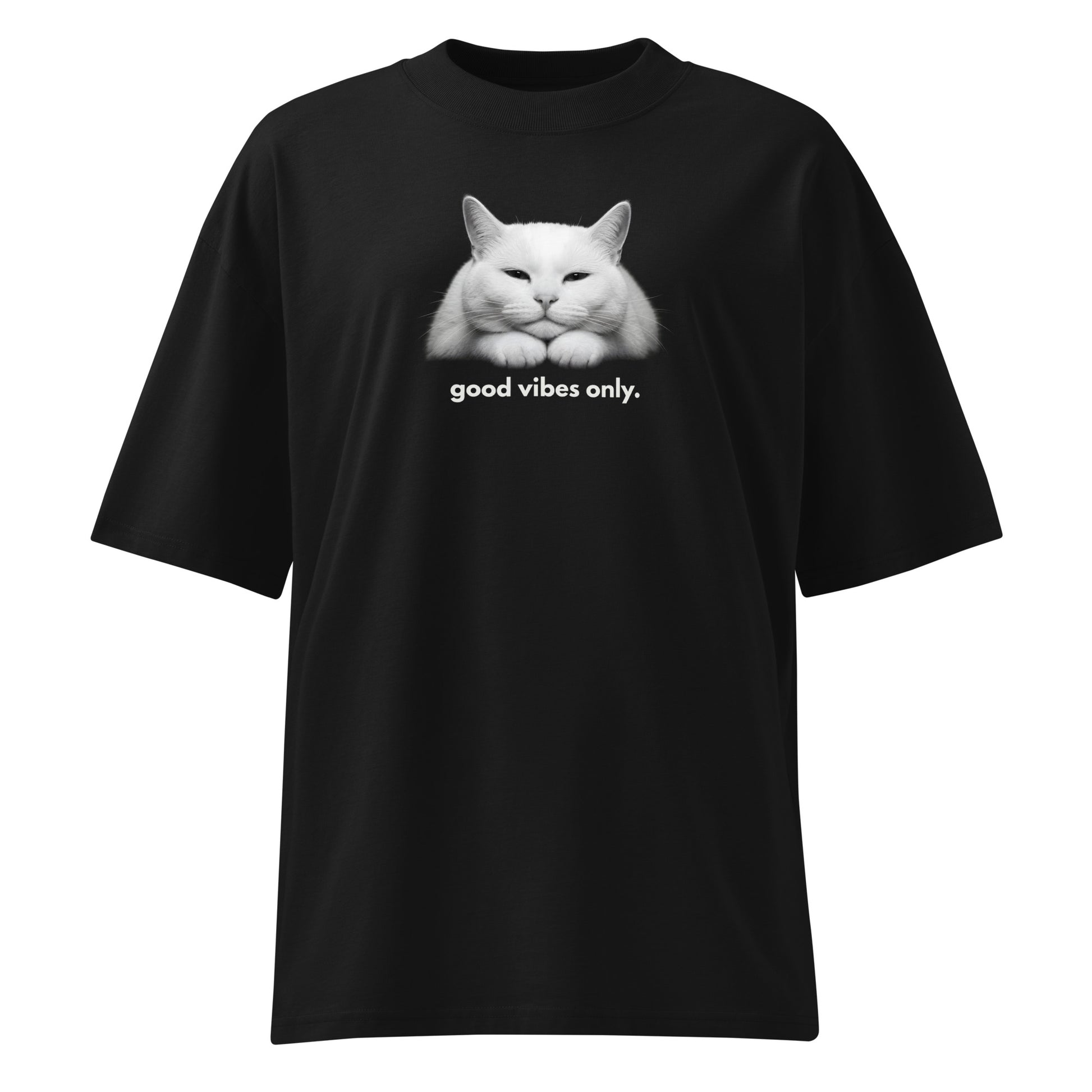 Black t-shirt with a white cat graphic and 'good vibes only' text on a white background