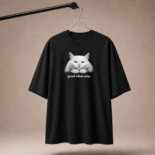 Black t-shirt with a white cat graphic and 'good vibes only' text on a beige background