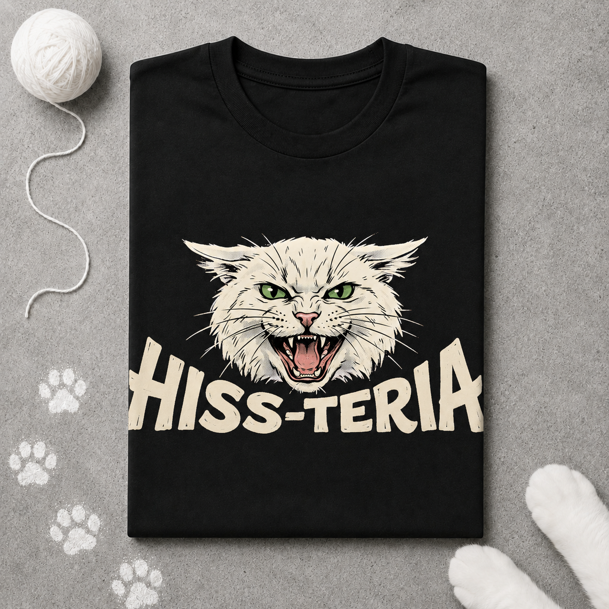 Black t-shirt with a graphic of a cat and 'HISS-TERIA' text on a gray surface with paw prints.