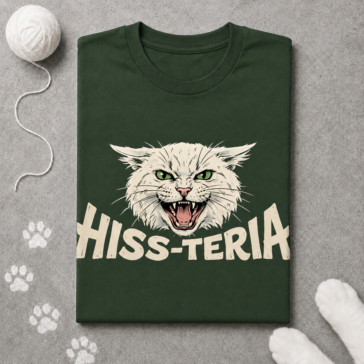 Green t-shirt with a cat graphic and 'HISS-TERIA' text on a gray surface with paw prints.
