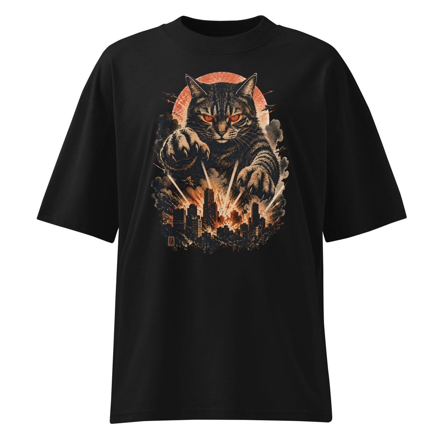 Black t-shirt with a graphic of a cat and cityscape on a white background