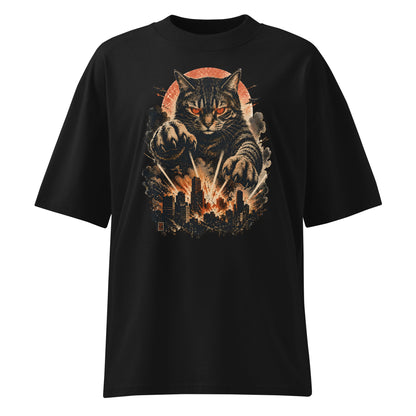 Black t-shirt with a graphic of a cat and cityscape on a white background