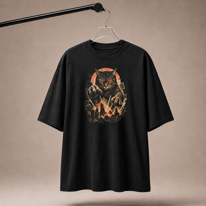 Black t-shirt with a cat graphic on a beige background