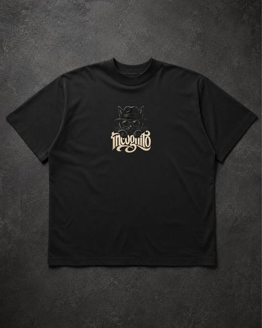 Black t-shirt with a gold logo on a dark gray background